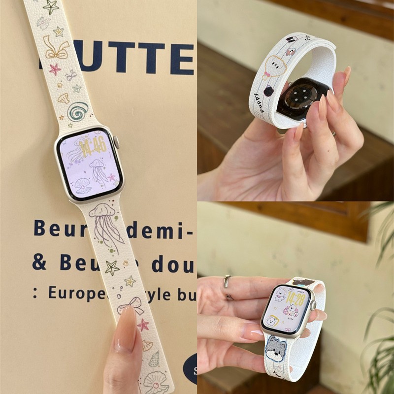 Cute Illustration Pebbled Silicone Magnetic Iwatch11 Watch Strap Suitable for Apple Applewatch89Se Women
