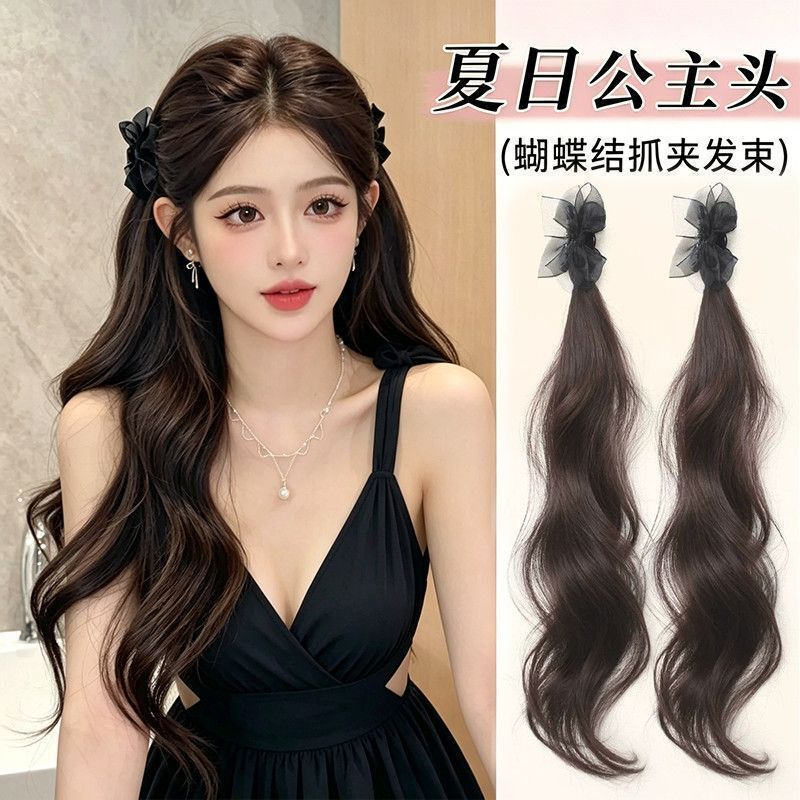 Elf Ears Half-Tied Ponytail with Bow, Hair Clip Extensions, Princess Head Wig, Curly Hair Bundle for Women to Increase Hair Volume