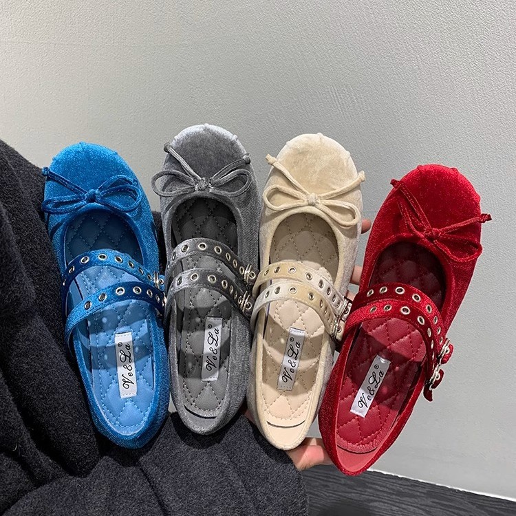 Zapatos de ballet de terciopelo de doble botón, zapatos de mujer, suela suave de noche, 2025 nuevos zapatos de arco francés, Mary Jane.