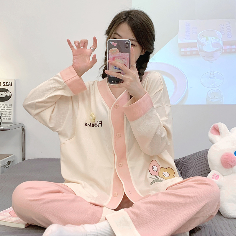 Lunar Clothing Spring and Autumn Combed Cotton Postpartum Autumn Thin Pregnant Women Hospitalized Cute Discharge Clothing Sweat-absorbent Nursing Nursing Pajamas