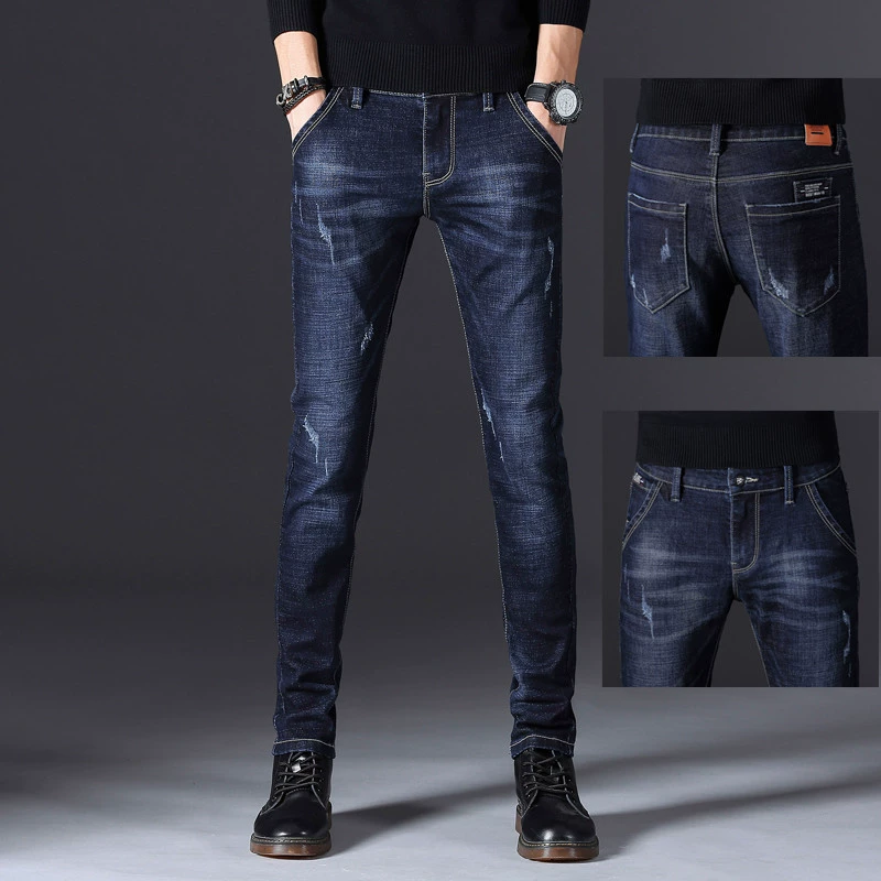Весенние новые мужские джинсы молодежные узкие прямые джинсы стрейч облегающие модные мужские брюки
