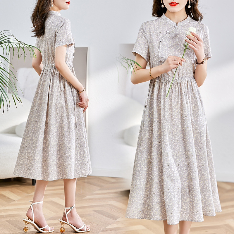 Spot Improved Vintage Printed Cheongsam 2023 Summer New Chinese-style Buckle Dress Gentle Age-reducing Summer