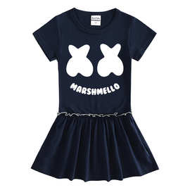 Marshmello DJ棉花糖女童夏装连衣裙短袖木耳边百褶洋气公主裙子