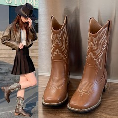 粗跟刺绣西部牛仔靴女2025新款V口套筒骑士靴复古中筒方头马丁靴