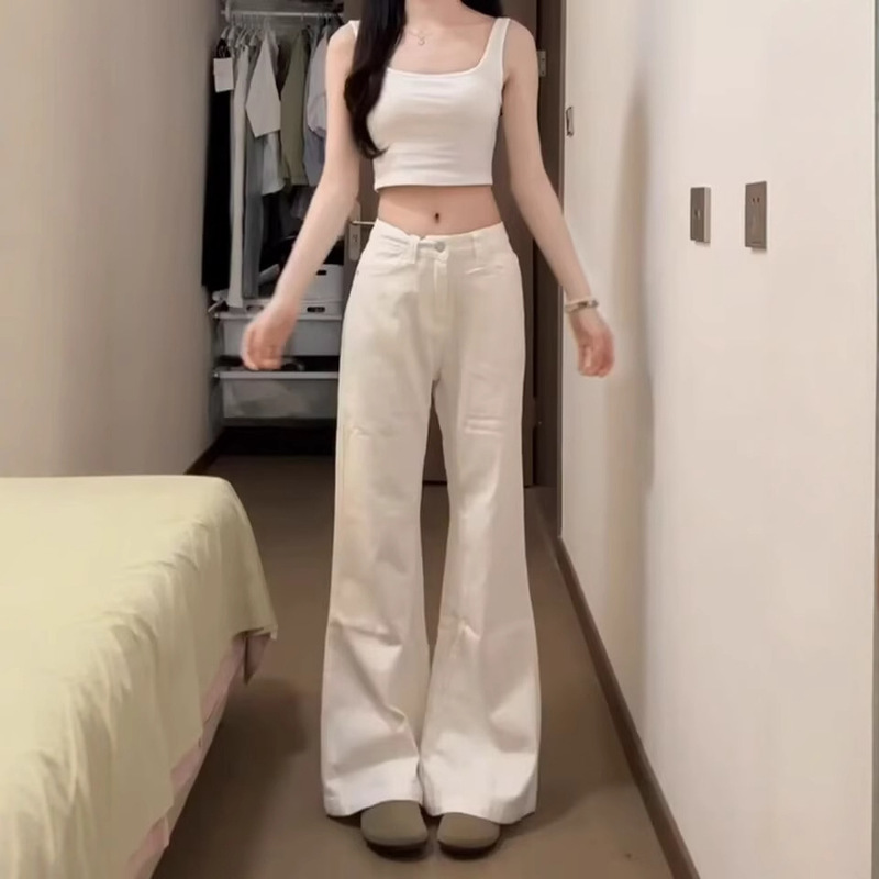 White Non-Tight Flared Jeans for Women, Low-Waisted, New for Spring/Summer 2025, Loose Fit, Versatile, Casual, Slightly Flared, Floor-Length Pants