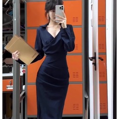 欧美跨境外贸韩系条纹v领长袖衬衫连衣裙秋季褶皱收腰显瘦包臀裙