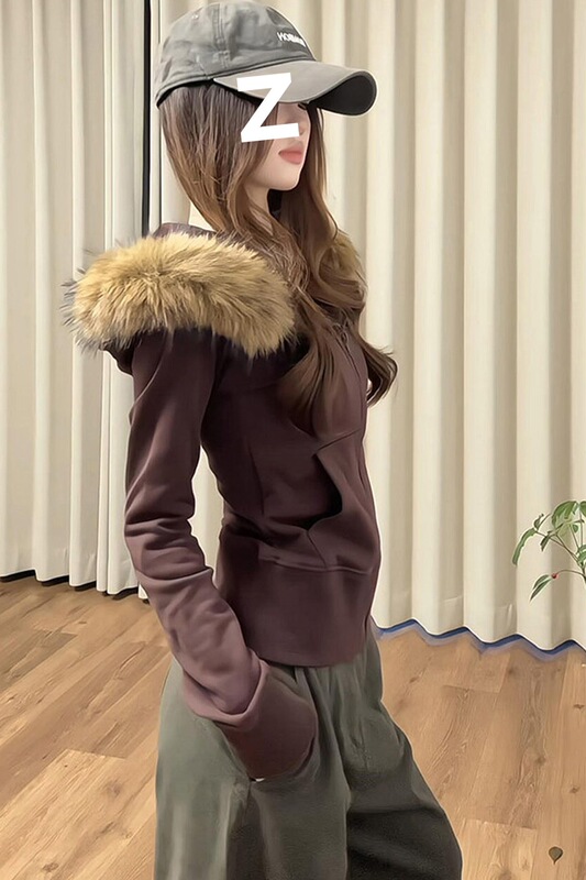 美式复古毛领拉链卫衣女修身显瘦春秋开衫连帽百搭学院风休闲外套|undefined