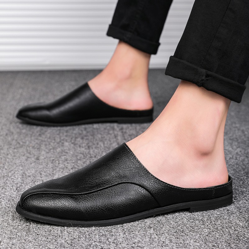 2024 Summer Men's Casual Small Leather Shoes Fashionable Leather Casual Baotou Slip-On Lazy Half Slippers Wholesale