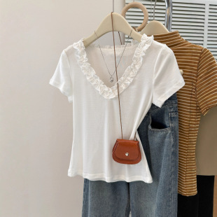 Korean Chic Sweet and Spicy Short-Sleeved T-Shirt for Women Summer Slim Korean Style Pure Lust Sexy V Neck Right Shoulder Top Trendy