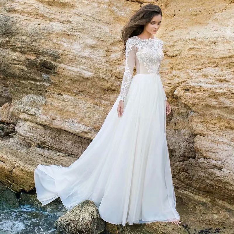Vestido de Novia Elegante de Estilo Europeo y Americano para Comercio Exterior en Amazon y AliExpress, Cuello Redondo, Encaje, Largo, Entallado, Sencillo, de Gasa image 1