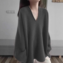 新款秋冬复古慵懒风100羊毛复古美拉德V领中长毛衣软糯羊绒打底衫