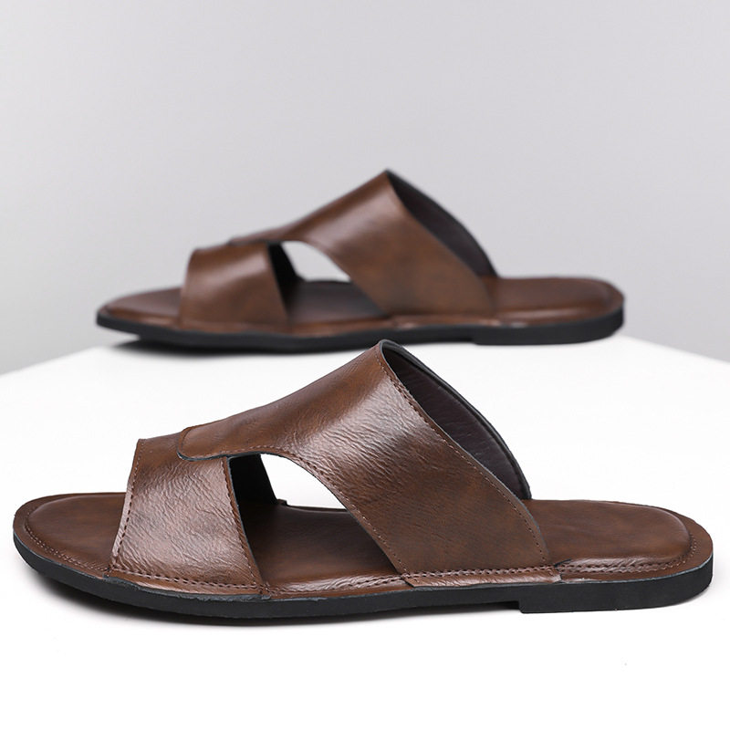 Dép sandal nam quai ngang hở mũi kiểu retro, đế cao su êm chân, cỡ lớn — nâu, đen
