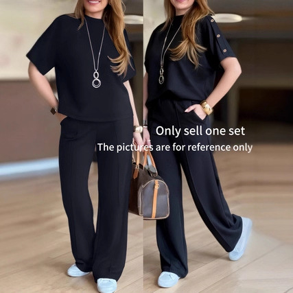 Women's Casual Two-Piece Set, Solid Color Loose Fit Lounge Wear, Comfortable Long Sleeve Top And Trousers Outfit_ecoleips.com