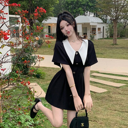 2025 waist waist to show thin black dress summer fat mm design French retro doll-neck dress