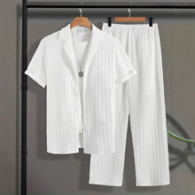 外贸套装男坑条西装领短袖开扣上衣长裤纯色休闲两件套装跨境代发