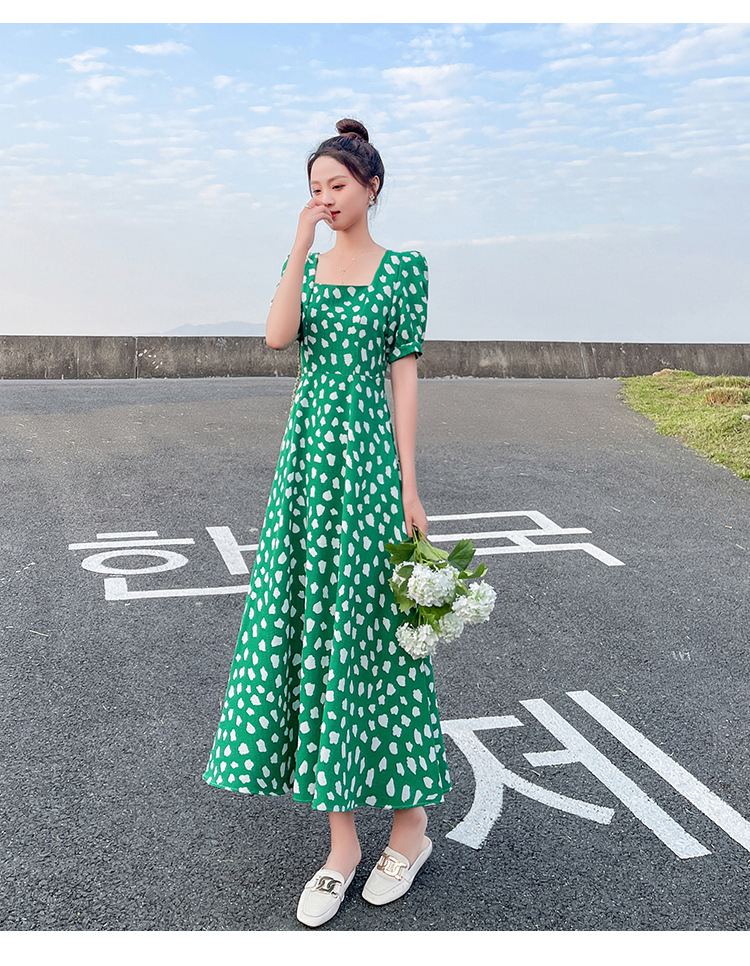 Sexy Short-sleeved Korean Hepburn-style Elegant Dress, A-line Chiffon, Pure And Alluring, Plus-size, Green Floral_ecoleips.com