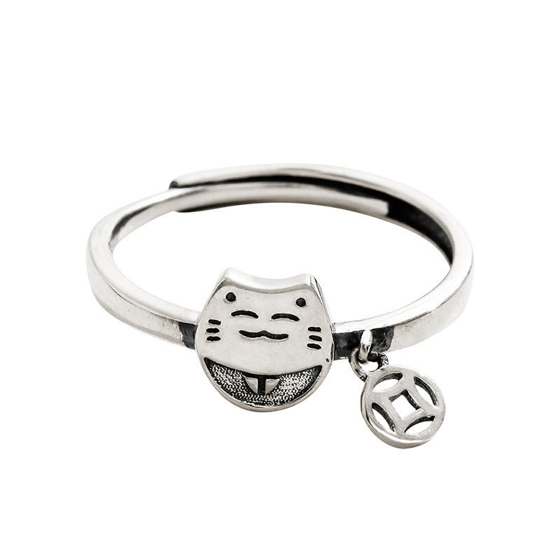 Qian Duoduo Fortune Cat S925 Sterling Silver Niche Design High-End Light Luxury Elegant Women's Personalized Open Ring_voghion.com