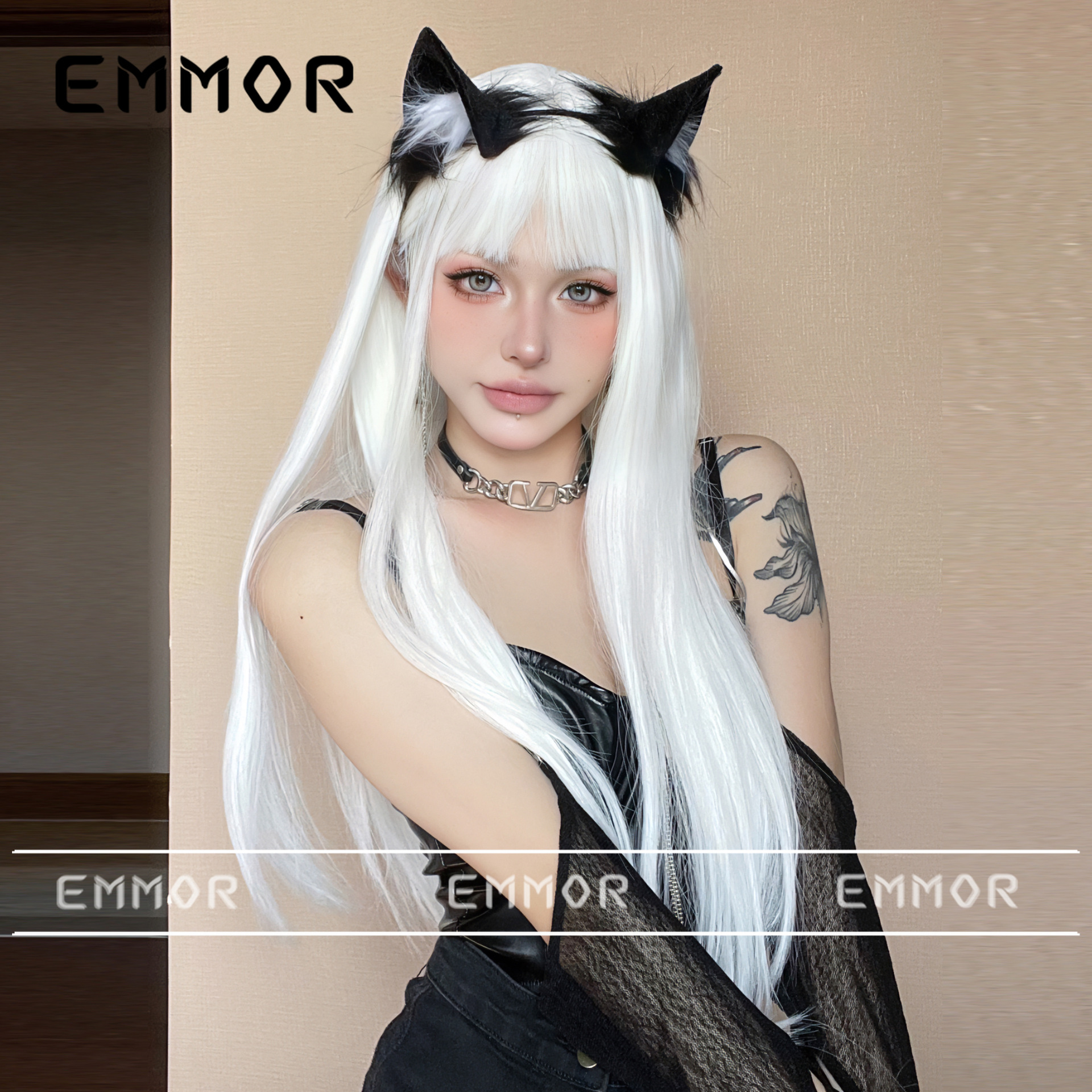 Colorido peluca aire flequillo largo pelo recto blanco moda Lolita Anime dos dimensiones en línea celebridad cos cubierta de la cabeza completa