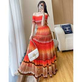 网红爆款轻柔纱网连衣裙2023夏装新款一字领性感仙女裙旅游度假裙