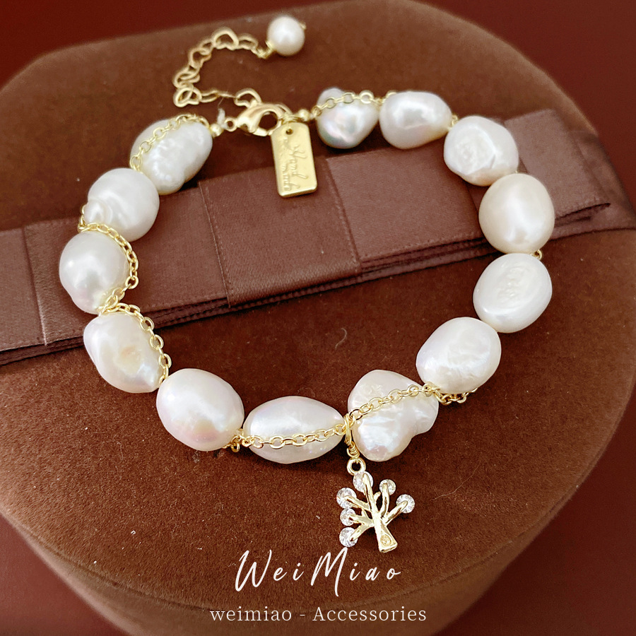 18 quilates de oro real, pulsera de perlas de piedra de agua dulce, pulsera de nicho de lujo ligera, joyería de alta calidad