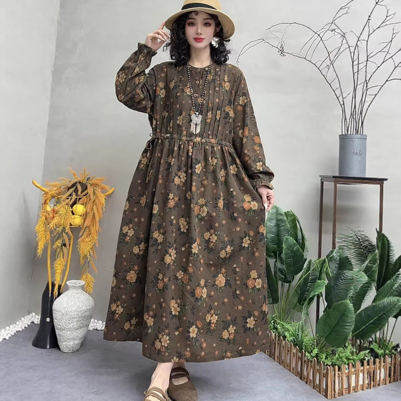 2026 Large Size Cotton and Linen Floral Long Dress with Country-Style Lace Hem for Women