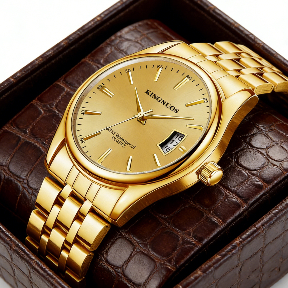 New all-gold men's and women's couples single Calendar waterproof steel band watch nail scale fashion casual wrist watch