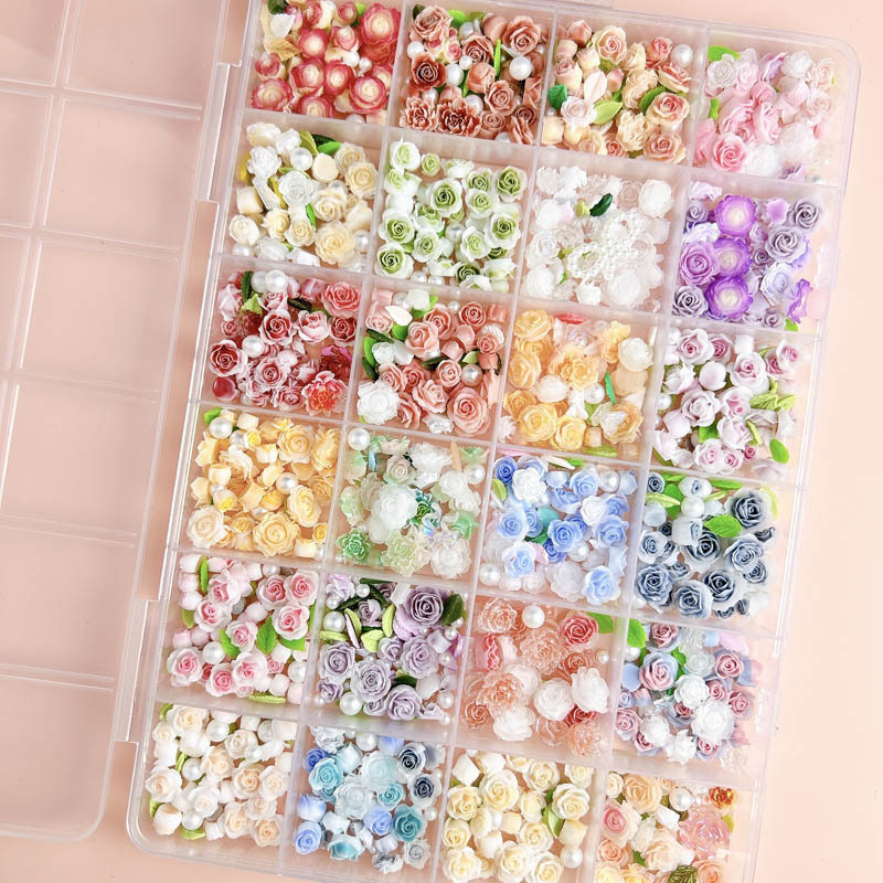 24 grid Internet celebrity nail jewelry camellia leaves love Pearl mixed set box diy nail decorative diamond wholesale