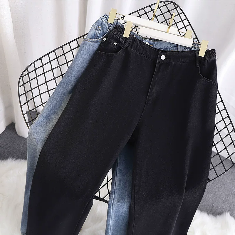 Plus-Size Women's Jeans Trousers, Loose Straight Fit, High Waist, Sizes 2XL–6XL (Black/Blue)