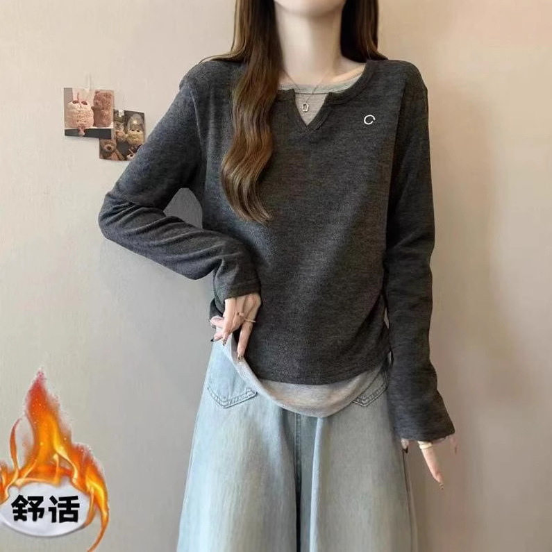 Single/Two-piece plus size Contrast Color Fake Two-piece Letter Embroidered Long-sleeved T-shirt Base Shirt Autumn and Winter chubby girl Cover Meat Top