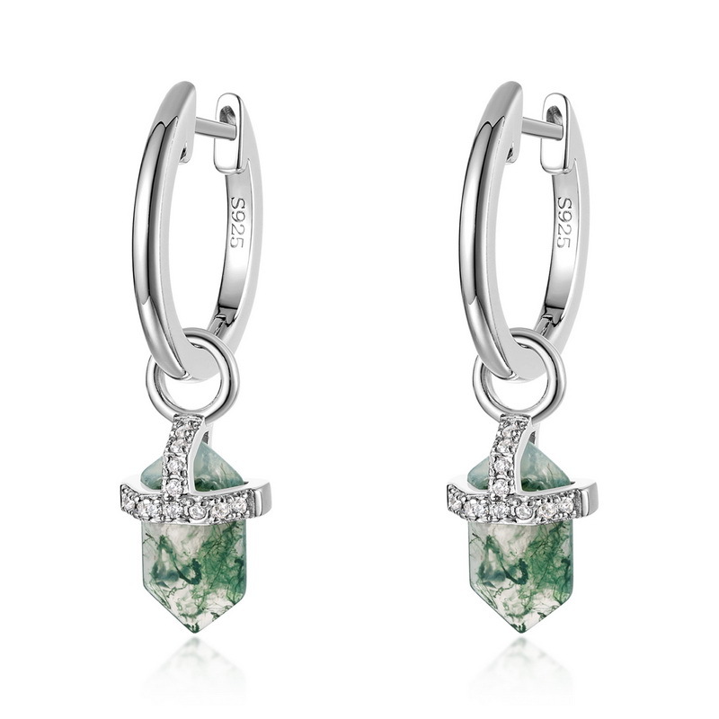 Venta caliente transfronteriza de Amazon Pendientes de piedra de musgo verde natural de pilar hexagonal S925 Pendientes de ágata con incrustaciones de plata Lujo ligero