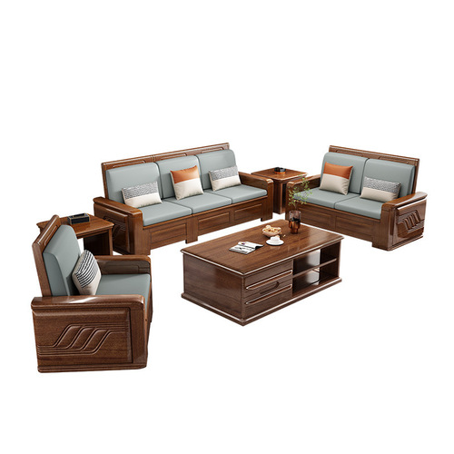 Solid wood sofa combination multi-person removable and washable fabric living room Chinese style rubber wood light luxury chaise sofa manufacturer direct sale
