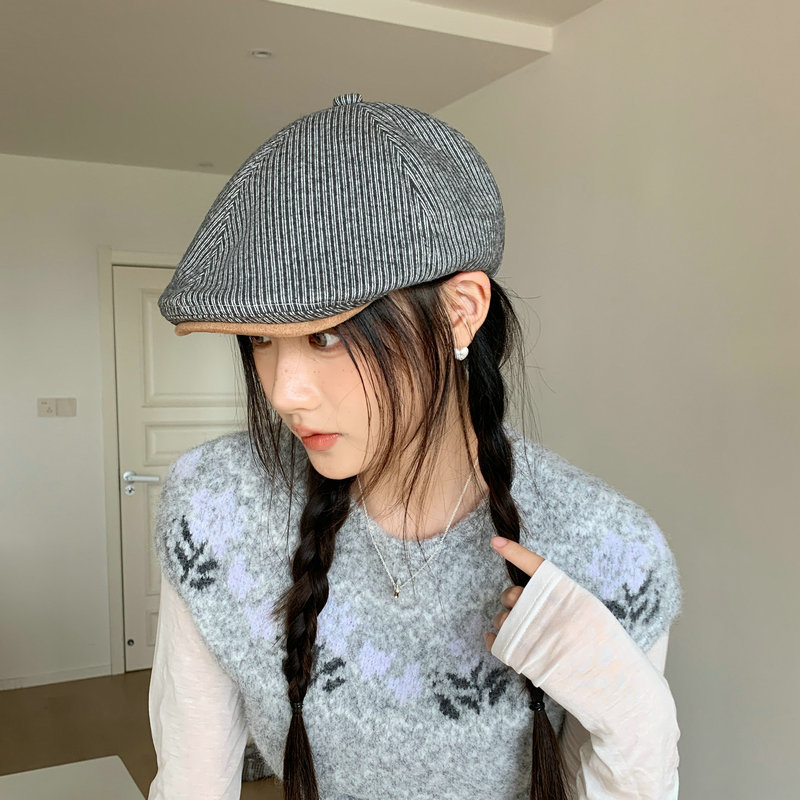 帽子女秋冬条纹前进帽韩版复古文艺时尚画家鸭舌帽皮帽反戴贝雷帽|undefined