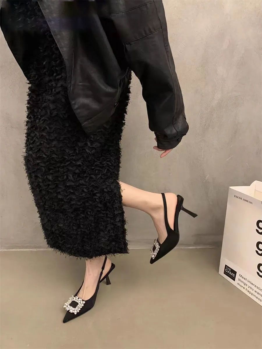 黑色尖头高跟单鞋水钻包头凉鞋女2024年夏季新款细跟配裙子高跟鞋