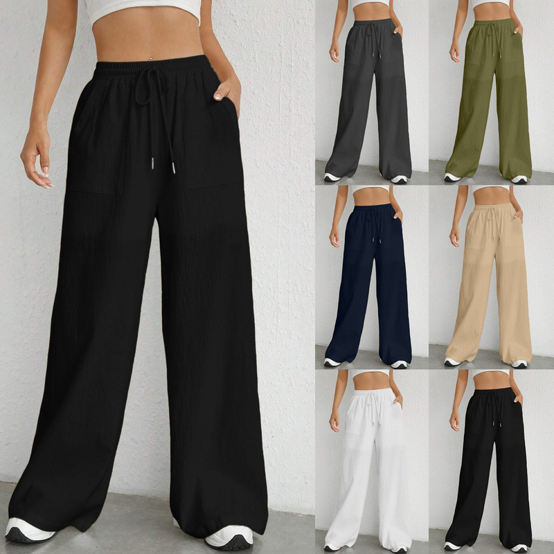 Amazon Cross-Border Foreign Trade Corded Elastic Waist Straight Loose Casual Pants Slightly Spicy Pure Color Retro Pants