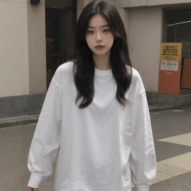 重磅圆领纯色纯棉长袖t恤女 通勤白色打底衫宽松早秋日系百搭上衣|undefined