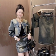 网红套装年春季新款气质时尚长袖短款牛仔外套高腰裙子