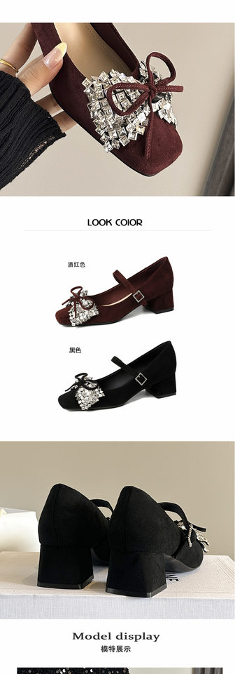 Giày cao gót nữ Mary Jane mũi vuông quai ngang gót thô, chất liệu nhung đính đá và nơ, gót 3–6 cm — Màu đỏ rượu, màu đen chi tiết 4