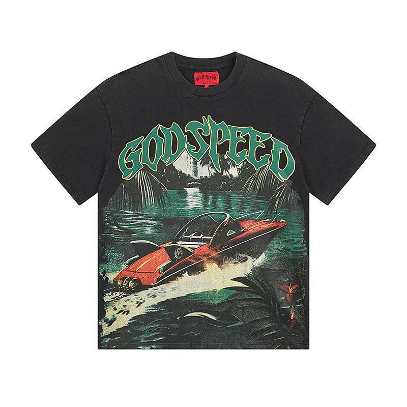 クロスボーダー 25ss アメリカのトレンディなブランド Godsed ロックバンドバスケットボール高品質ウォッシュブラック半袖 T シャツ男性と女性用|undefined