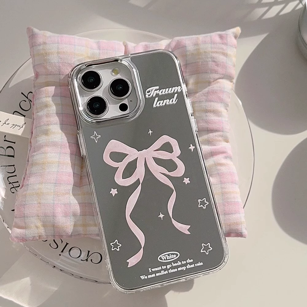 Apple, huawei, compatible phone case with bow, cartoon cute protective case, mirror effect, iphone, Japanese and Korean