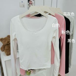 Korean Style Bow Lace Crewneck Clavicle Base Shirt Women's Autumn and Winter New Warm Slim-fit Inner Long Sleeve Top