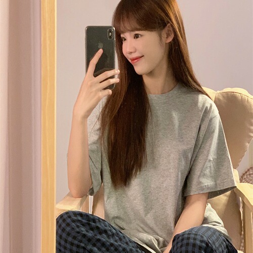 Pajamas for women  simple style vintage loose Japanese short-sleeved T-shirt checkerboard straight pants two-piece set for girls