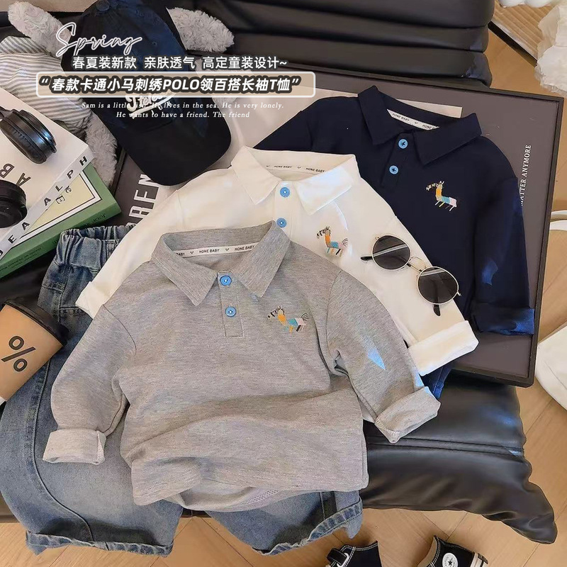 Boys' Polo Shirt Spring and Autumn 2026 New Children's Spring Outfit Long-Sleeve T-Shirt Boys' Trendy Casual Top Boys' Polo Shirt Spring and Autumn 2026 New Children's Spring Outfit Long-Sleeve T-Shirt Boys' Trendy Casual Top