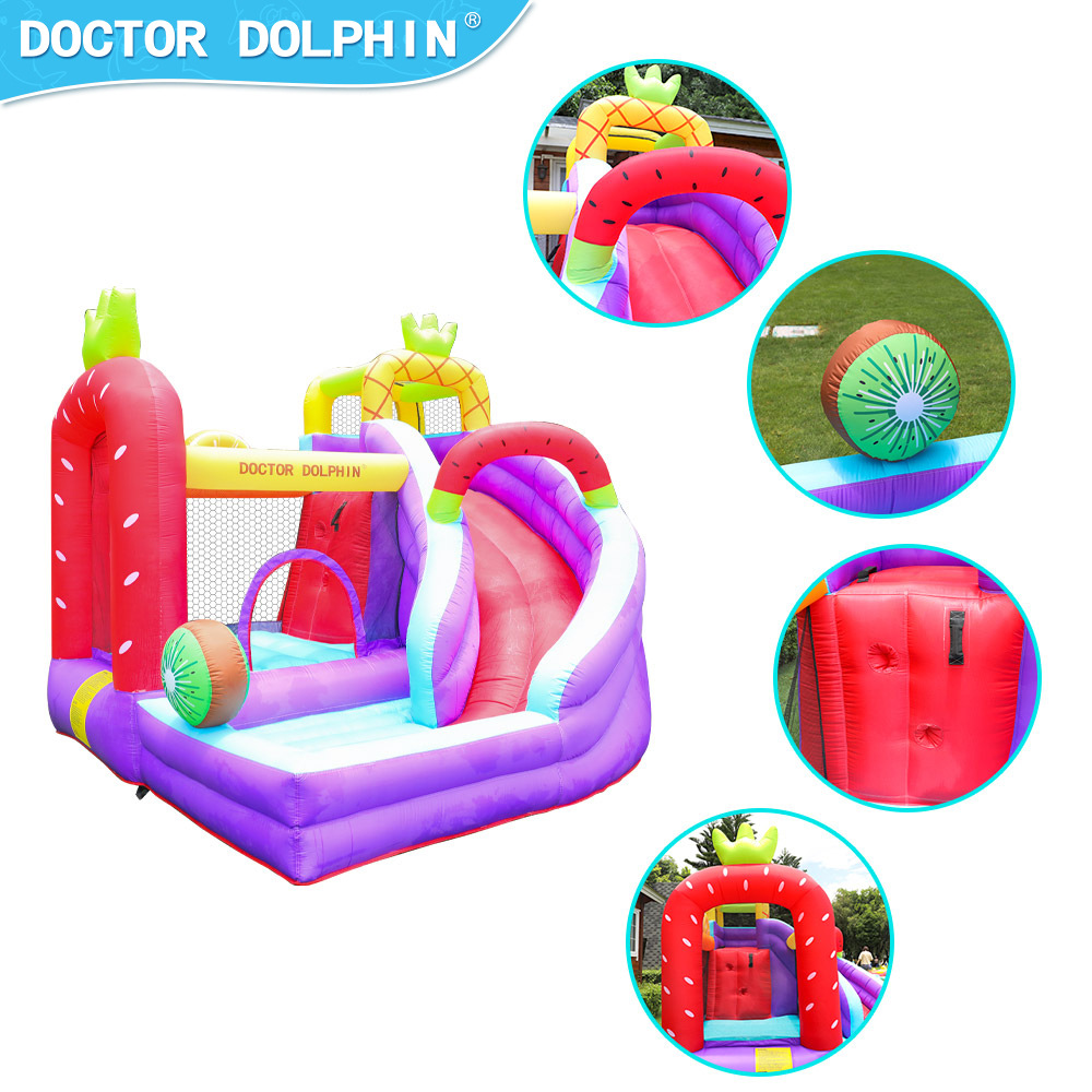 Doctor Delfín | Castillo inflable infantil para exteriores, pequeño, con temática de frutas, combinación de trampolín y tobogán, área de juegos para el hogar.