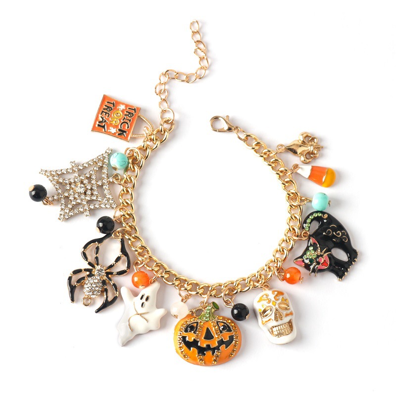 Halloween Charm Bracelet With Spider Pumpkin Skull And Diamonds_voghion.com