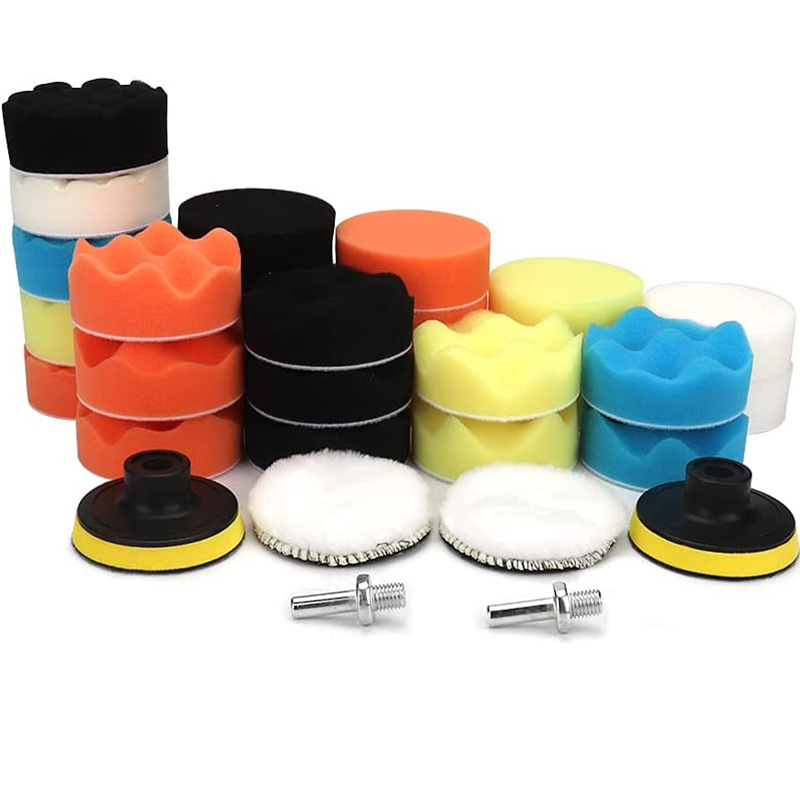 Qinghe pulido 3 pulgadas belleza del coche encerado pulido almohadilla de lana autoadhesiva rueda de esponja de onda plana combinación de 31 piezas