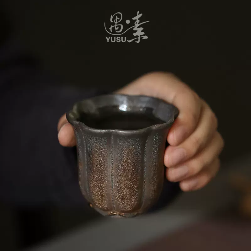 复古茶杯主人杯粗陶品茗杯功夫茶具家用单杯子中式鎏金陶瓷小茶杯