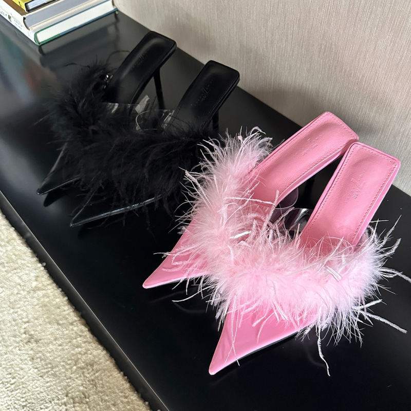 Furry Pointed-Toe Open-Toe Slippers for Women with Cross Straps, High Heels, 2026 Summer New Style, Thin Heels, Fashionable Feather Sandals Furry Pointed-Toe Open-Toe Slippers for Women with Cross Straps, High Heels, 2026 Summer New Style, Thin Heels, Fashionable Feather Sandals