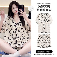 帶胸墊睡衣女夏季2025新款短袖寬鬆網紅可愛學生ins風卡通家居服