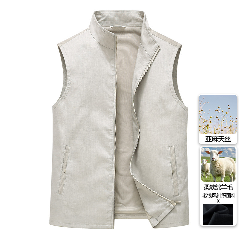 2026 Spring and Autumn Versatile Commuting Old Money Style Casual Stand Collar Vest New Wool Knitted Linen Tencel Vest for Men