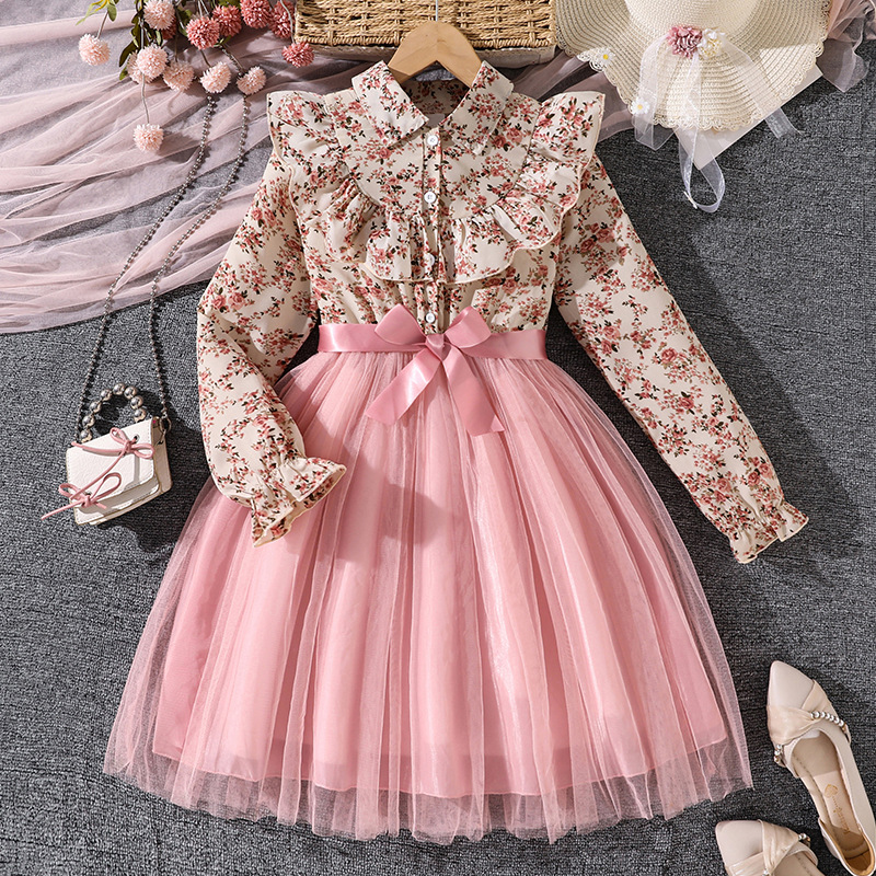 Girls' Dress 2025 Autum Export New Long-Sleeved Lapel Floral Print Waist Mesh Princess Dress